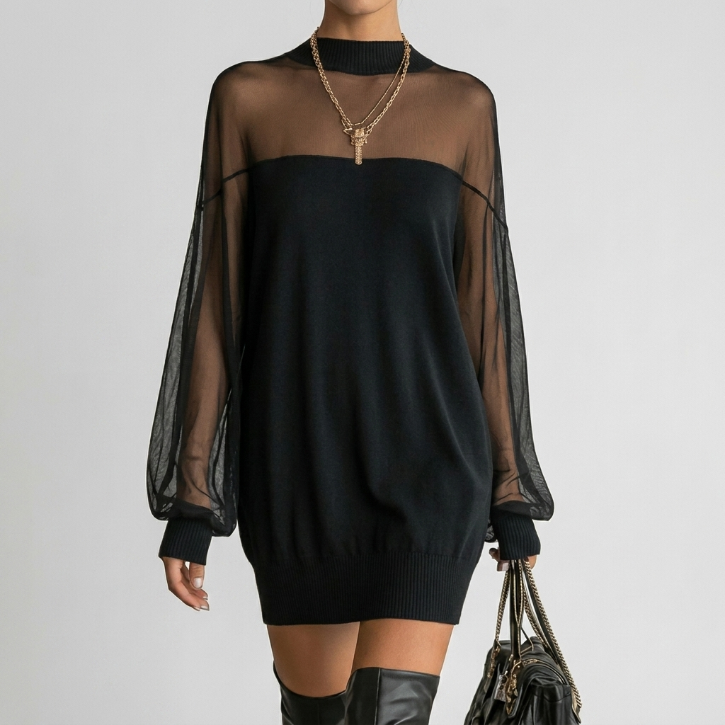 Sheer Overlay Sweater Dress – Czarna mini sukienka z warstwą siateczki