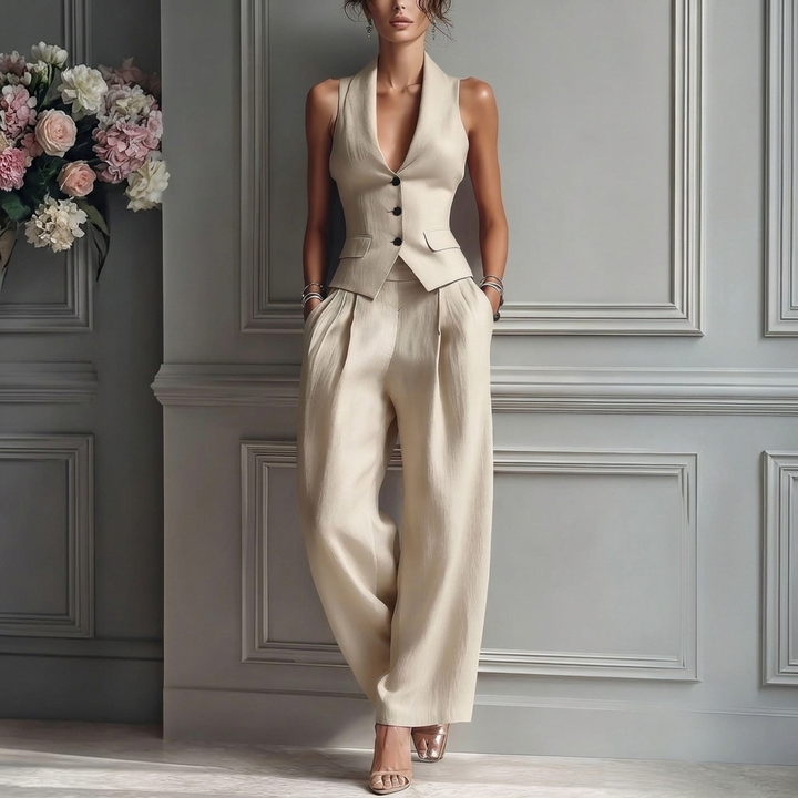 Damski komplet z bezrękawnikiem i spodniami w eleganckim stylu