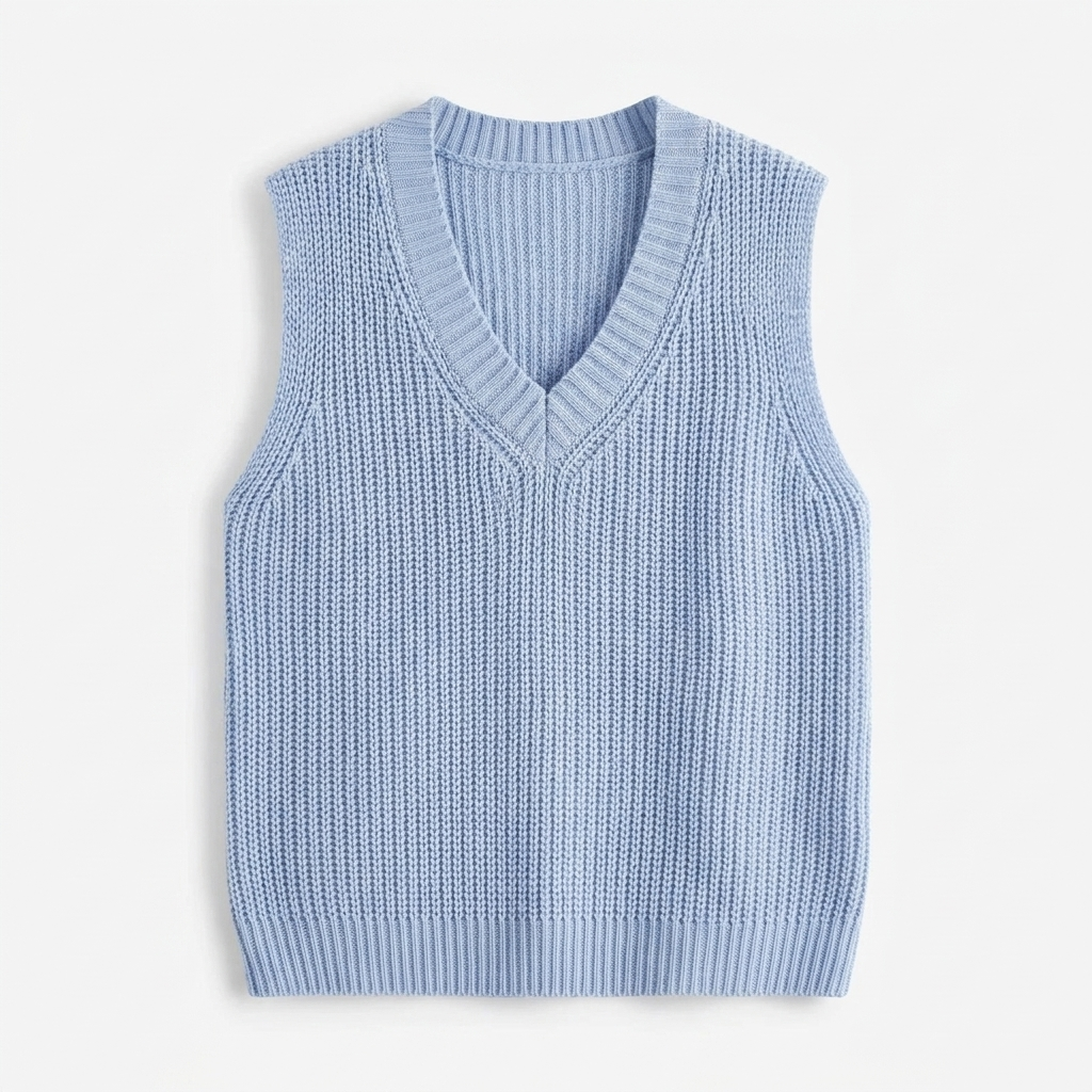 Damski niebieski sweter bez rękawów z dekoltem w serek