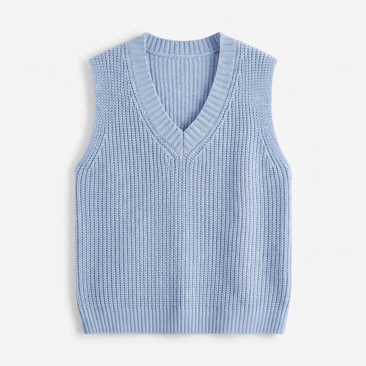 Damski niebieski sweter bez rękawów z dekoltem w serek