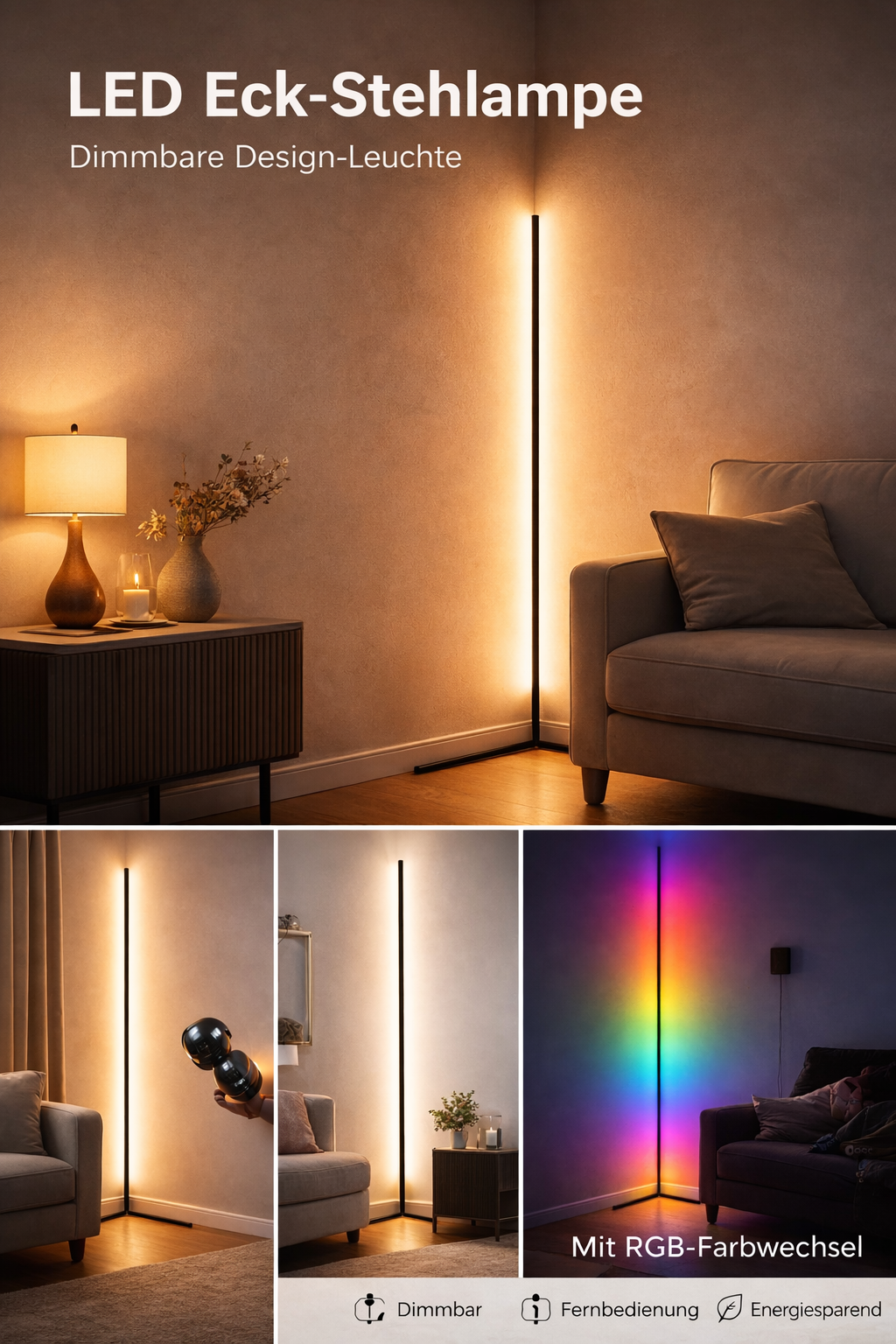 Narożna lampa stojąca LED z pilotem: ściemnialna, nowoczesny design, światło pośrednie