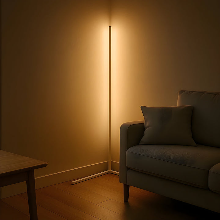 Narożna lampa stojąca LED z pilotem: ściemnialna, nowoczesny design, światło pośrednie