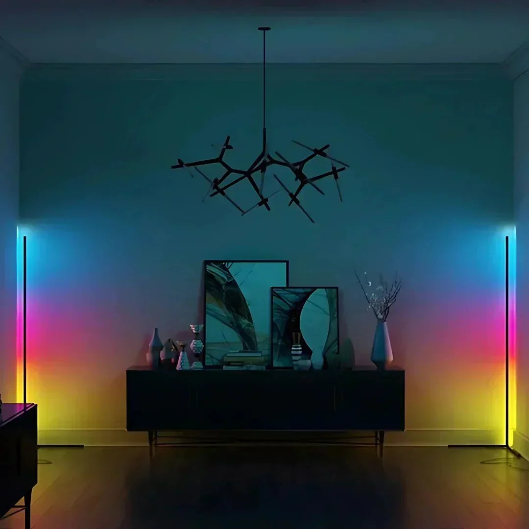 Narożna lampa stojąca LED z pilotem: ściemnialna, nowoczesny design, światło pośrednie
