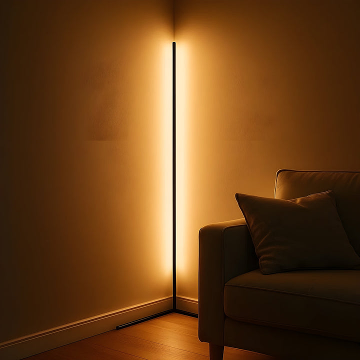 Narożna lampa stojąca LED z pilotem: ściemnialna, nowoczesny design, światło pośrednie