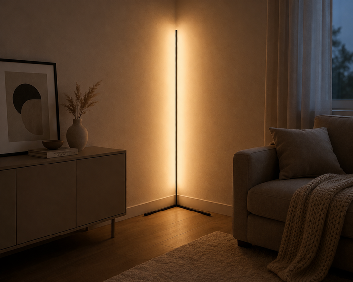 Narożna lampa stojąca LED z pilotem: ściemnialna, nowoczesny design, światło pośrednie