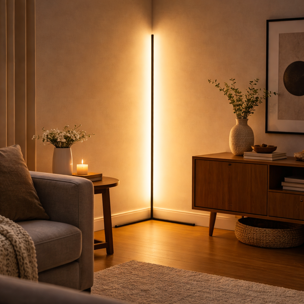 Narożna lampa stojąca LED z pilotem: ściemnialna, nowoczesny design, światło pośrednie