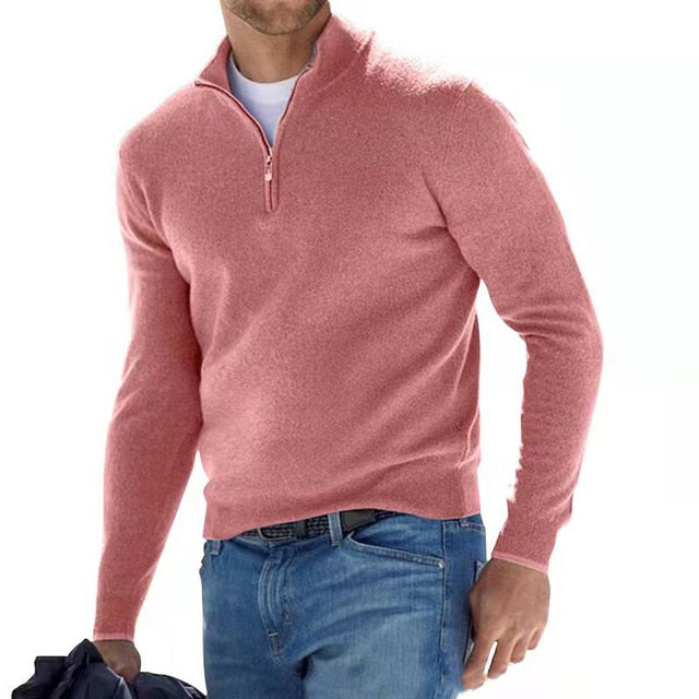 Męski sweter z wełny merino z dekoltem w serek i detalem z zamkiem