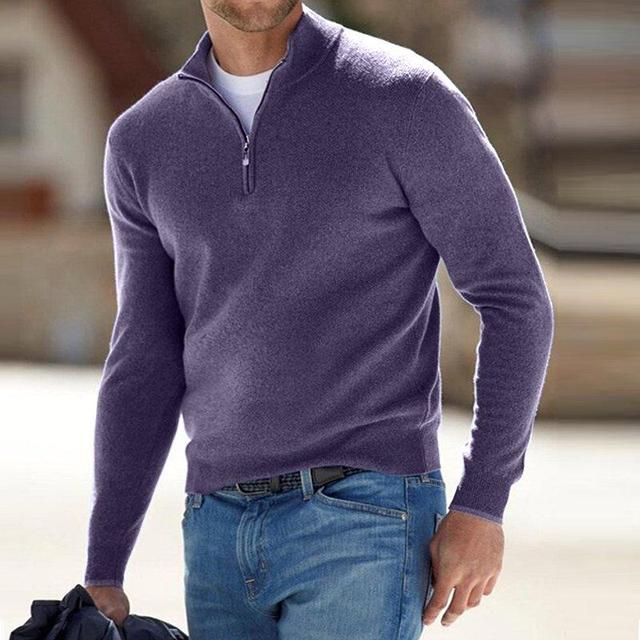 Męski sweter z wełny merino z dekoltem w serek i detalem z zamkiem