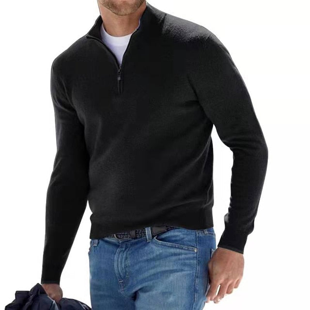 Męski sweter z wełny merino z dekoltem w serek i detalem z zamkiem