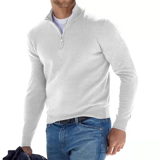 Męski sweter z wełny merino z dekoltem w serek i detalem z zamkiem