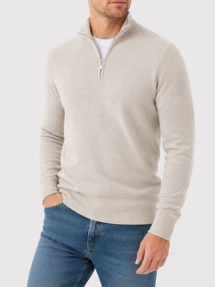 Męski sweter z wełny merino z dekoltem w serek i detalem z zamkiem