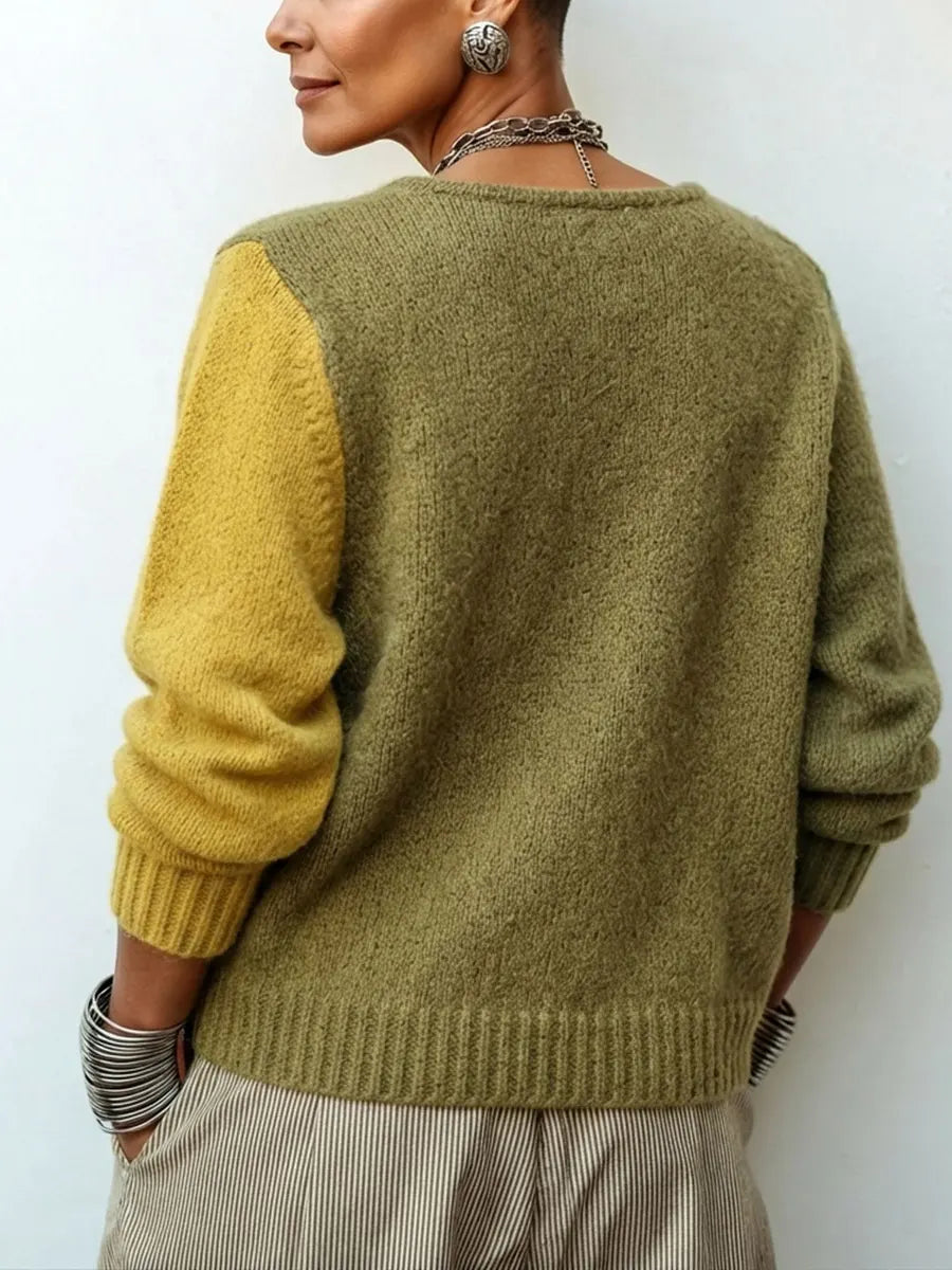 Damski sweter z dzianiny w stylu color block z asymetrycznymi guzikami, luźny krój