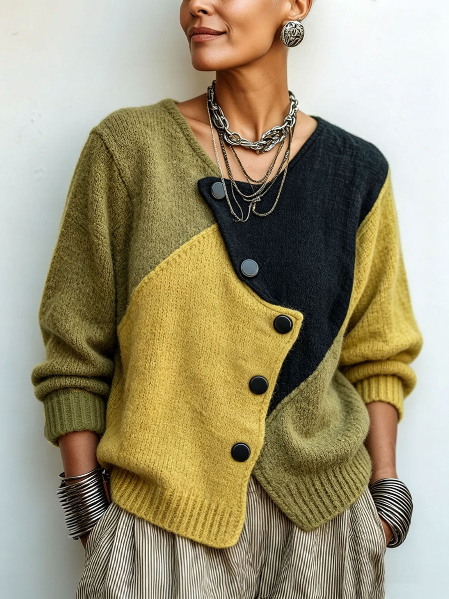 Damski sweter z dzianiny z asymetrycznymi guzikami w stylu color block