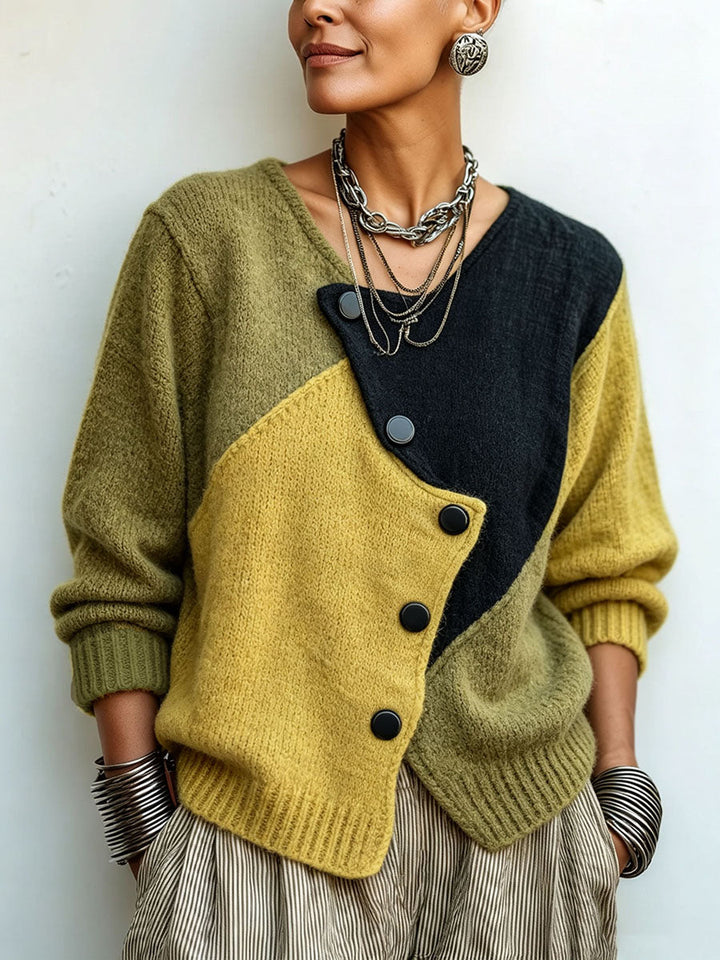 Damski sweter z dzianiny z asymetrycznymi guzikami w stylu color block