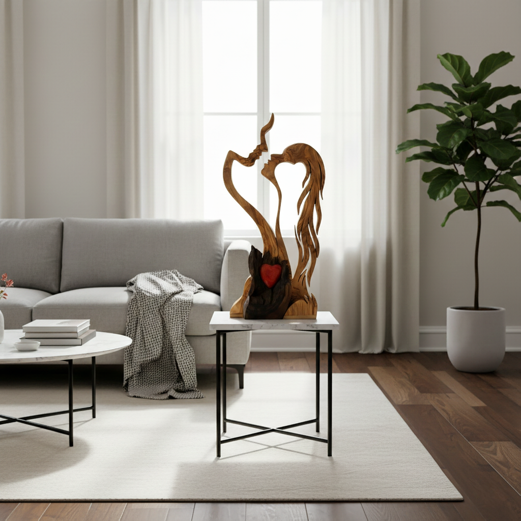 Rzeźba pary z drewna – abstrakcyjny design, rękodzielniczy wygląd i dekoracja domu