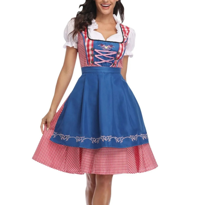 Damska sukienka w kratę ze sznurowanym gorsetem i fartuszkiem, midi na Oktoberfest
