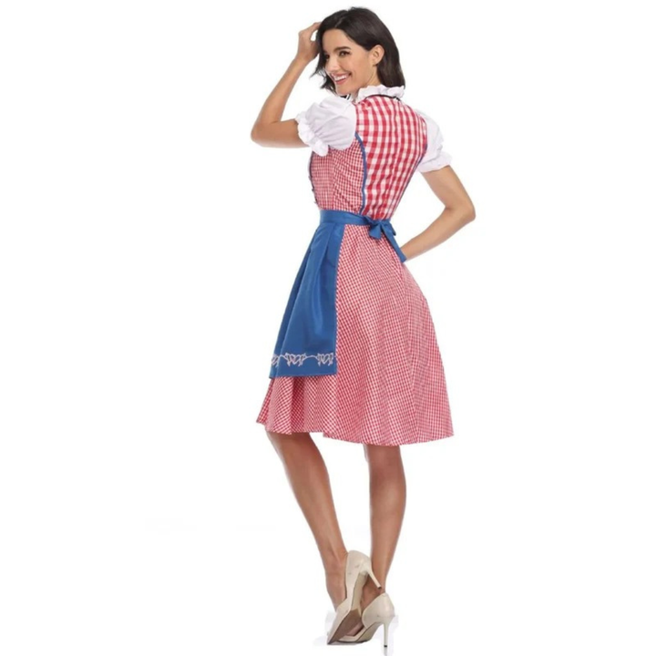 Damska sukienka w kratę ze sznurowanym gorsetem i fartuszkiem, midi na Oktoberfest