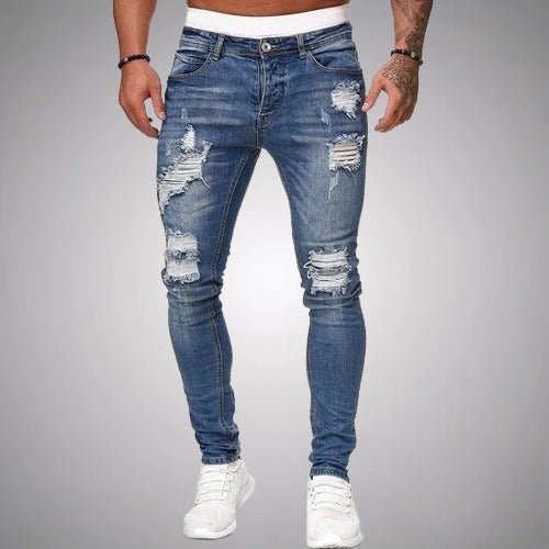 Męskie jeansy slim fit ze stretchem i przetarciami – swobodny denim w stylu used na co dzień