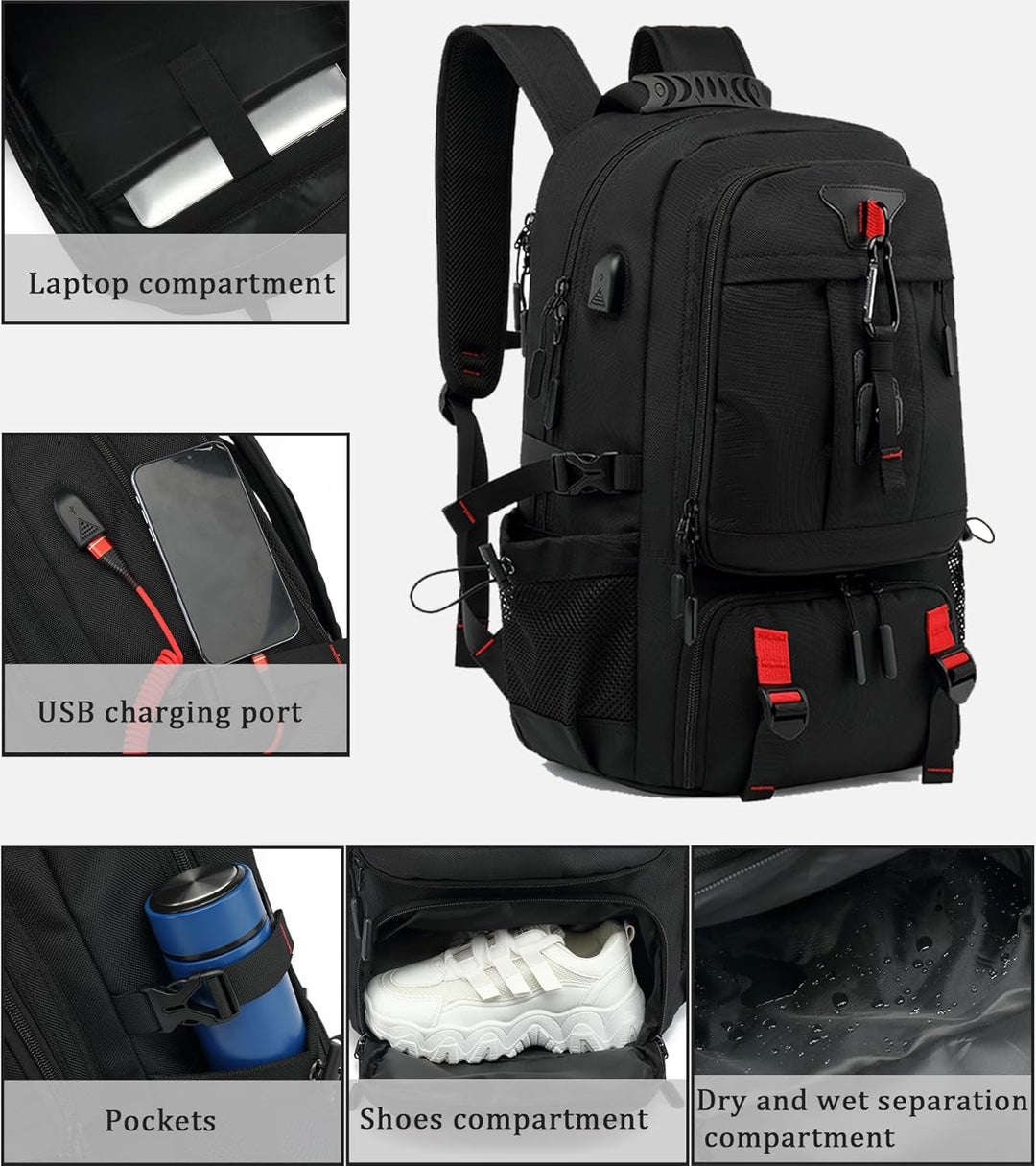 Wodoodporny plecak podróżny 60 l na laptopa z USB i komorą na buty